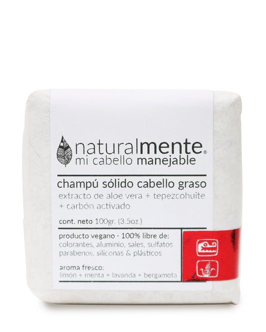 NATURALMENTE Champú Sólido Cabello Graso - Aloe Vera + Tepezcohuite + Carbón Activo - Aroma Fresco 100 gr.