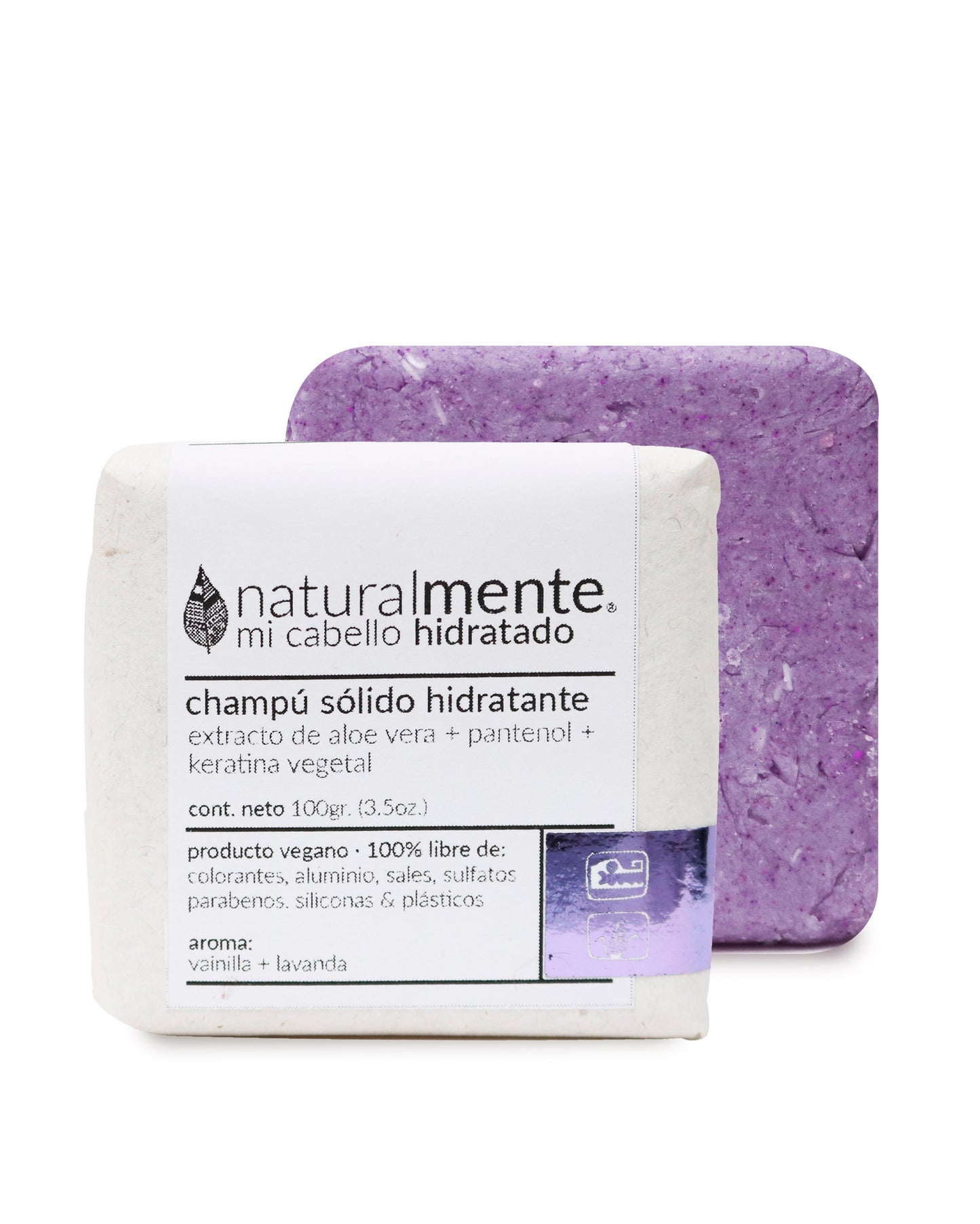 NATURALMENTE Champú Sólido Hidratante - Keratina Vegetal + Pantenol + Aloe Vera - Aroma Lavanda Vainilla 100 gr.