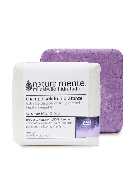 NATURALMENTE Champú Sólido Hidratante - Keratina Vegetal + Pantenol + Aloe Vera - Aroma Lavanda Vainilla 100 gr.