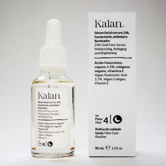 KALAN Sérum Humectante, Antiedad e Iluminador (Oro 24k + Ácido Hialurónico Vegano + Colágeno Vegano + Vitamina E) 30 mL.