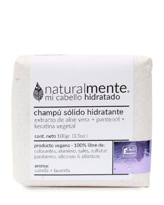 NATURALMENTE Champú Sólido Hidratante - Keratina Vegetal + Pantenol + Aloe Vera - Aroma Lavanda Vainilla 100 gr.